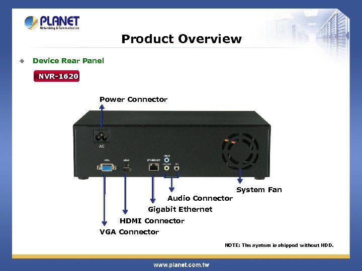 Product Overview u Device Rear Panel NVR-1620 Power Connector Audio Connector System Fan Gigabit