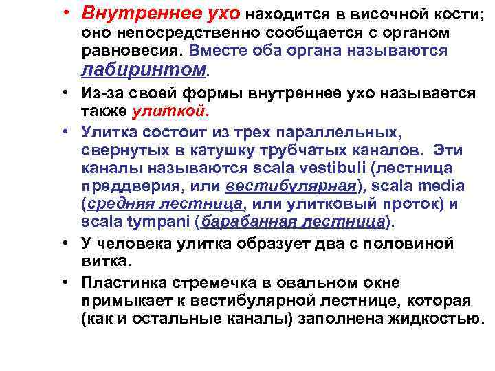  • Внутреннее ухо находится в височной кости; • • оно непосредственно сообщается с