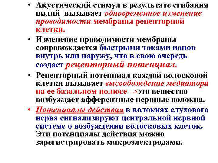  • Акустический стимул в результате сгибания цилий вызывает одновременное изменение проводимости мембраны рецепторной