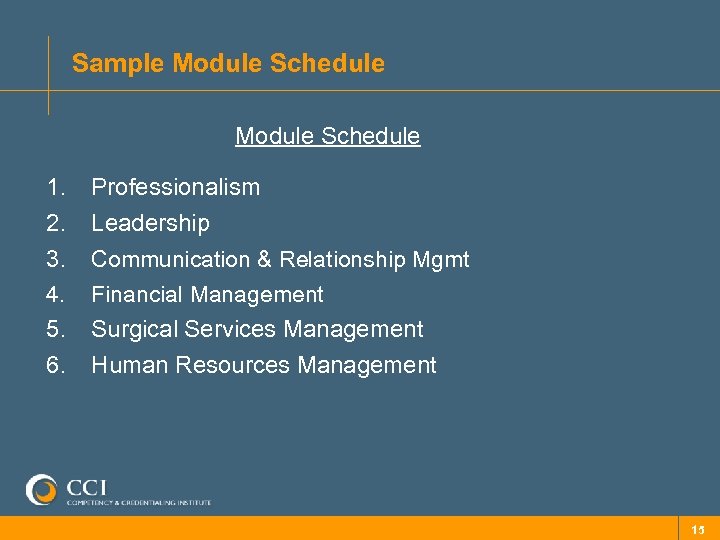 Sample Module Schedule 1. 2. 3. 4. 5. Professionalism Leadership Communication & Relationship Mgmt