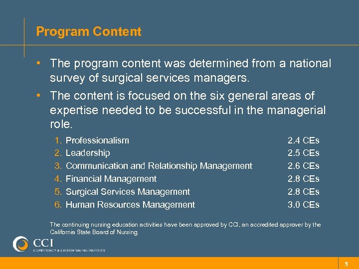 Program Content • The program content was determined from a national survey of surgical