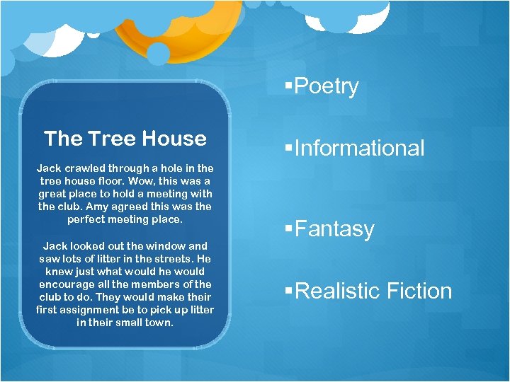 §Poetry The Tree House Jack crawled through a hole in the tree house floor.