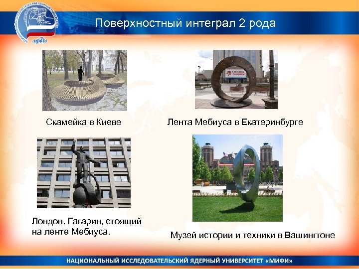 Поверхностный интеграл 2 рода Скамейка в Киеве Лондон. Гагарин, стоящий на ленте Мебиуса. Лента