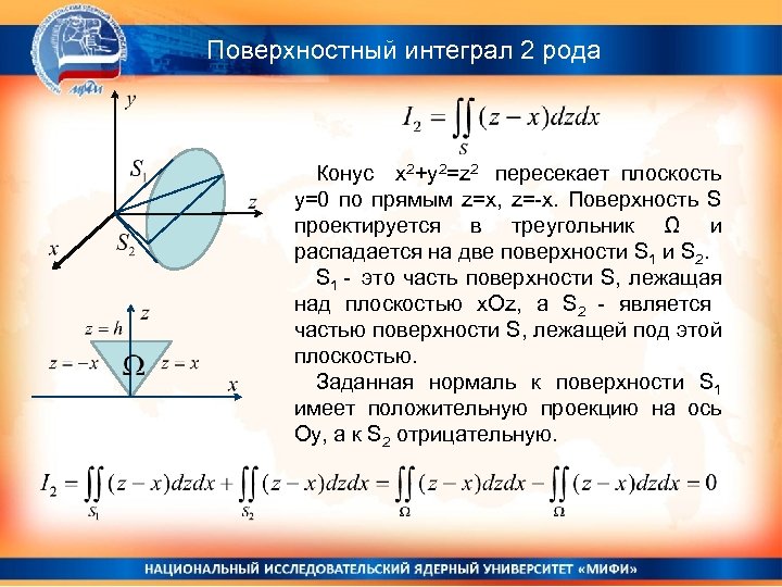 Поверхностный интеграл 2 рода Конус x 2+y 2=z 2 пересекает плоскость y=0 по прямым