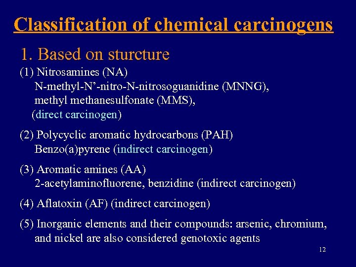 Classification of chemical carcinogens 1. Based on sturcture (1) Nitrosamines (NA) N-methyl-N’-nitro-N-nitrosoguanidine (MNNG), methyl