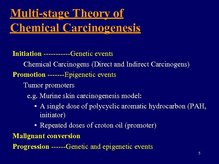 Multi-stage Theory of Chemical Carcinogenesis Initiation ------Genetic events Chemical Carcinogens (Direct and Indirect Carcinogens)