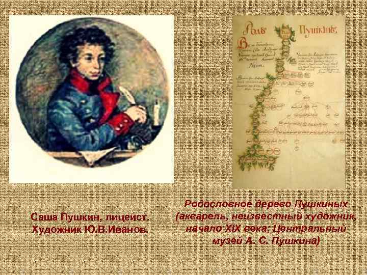 Саша Пушкин, лицеист. Художник Ю. В. Иванов. Родословное дерево Пушкиных (акварель, неизвестный художник, начало