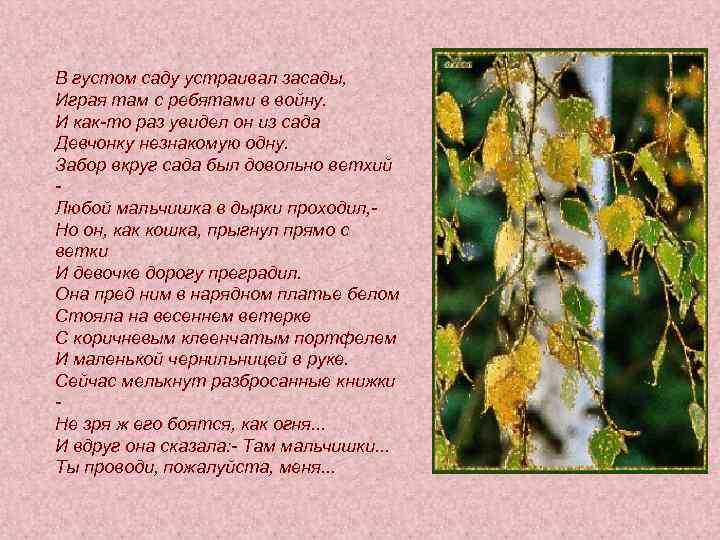 В густом саду устраивал засады, Играя там с ребятами в войну. И как-то раз