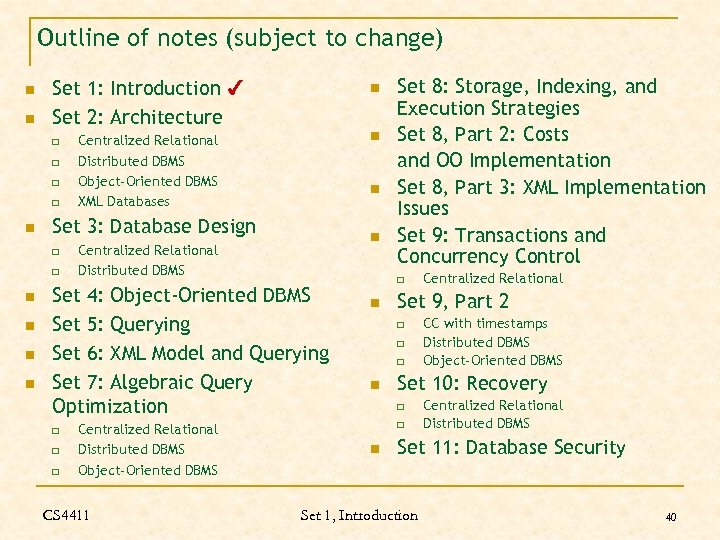 Outline of notes (subject to change) n n Set 1: Introduction ✔ Set 2: