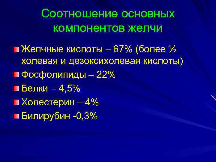 Соотношение основных компонентов желчи Желчные кислоты – 67% (более ½ холевая и дезоксихолевая кислоты)
