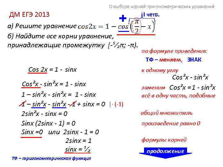 О выборе корней тригонометрических уравнений ДМ ЕГЭ 2013 a) Решите уравнение б) Найдите все