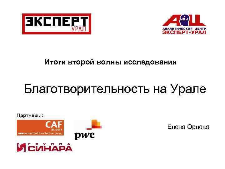 Итоги второй волны исследования Благотворительность на Урале Партнеры: Елена Орлова 