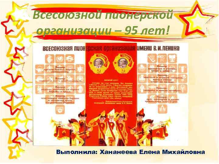Всесоюзной пионерской организации – 95 лет! Выполнила: Хананеева Елена Михайловна 