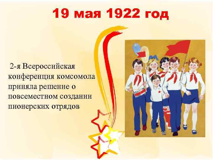 19 мая 1922 год 2 -я Всероссийская конференция комсомола приняла решение о повсеместном создании