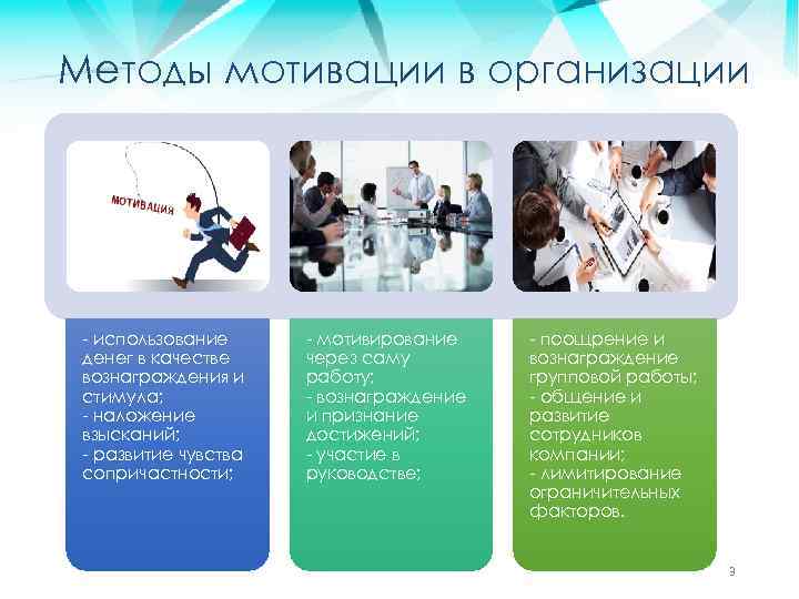 Методы мотивации в организации - использование денег в качестве вознаграждения и стимула; - наложение
