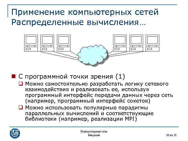 Применение компьютерных сетей Распределенные вычисления… n С программной точки зрения (1) q Можно самостоятельно