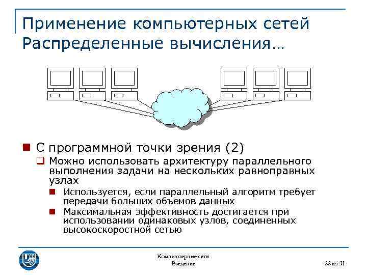 Применение компьютерных сетей Распределенные вычисления… n С программной точки зрения (2) q Можно использовать