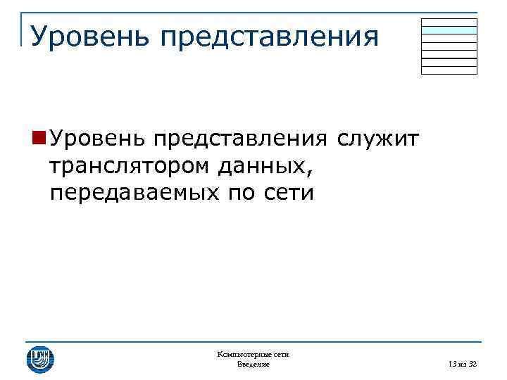 Уровень представления n Уровень представления служит транслятором данных, передаваемых по сети Компьютерные сети Введение