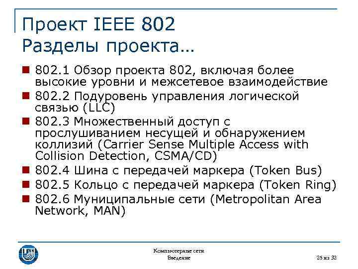 Проект IEEE 802 Разделы проекта… n 802. 1 Обзор проекта 802, включая более высокие