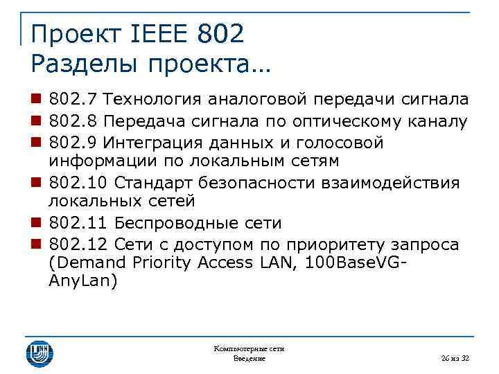 Проект IEEE 802 Разделы проекта… n 802. 7 Технология аналоговой передачи сигнала n 802.