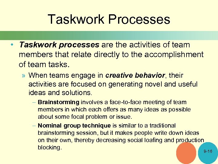 Taskwork Processes • Taskwork processes are the activities of team members that relate directly