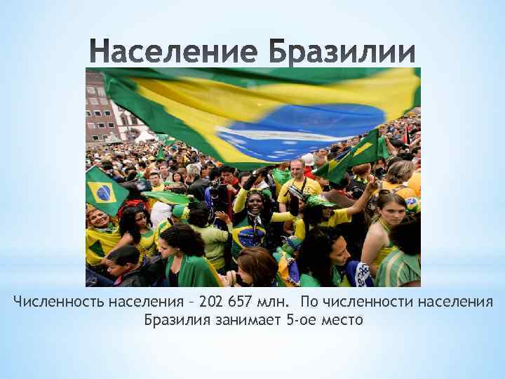 Численность населения – 202 657 млн. По численности населения Бразилия занимает 5 -ое место