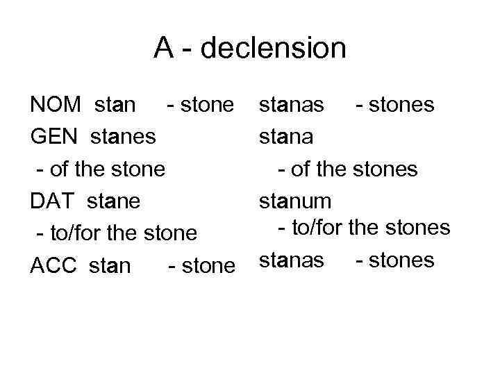 A - declension NOM stan - stone GEN stanes - of the stone DAT