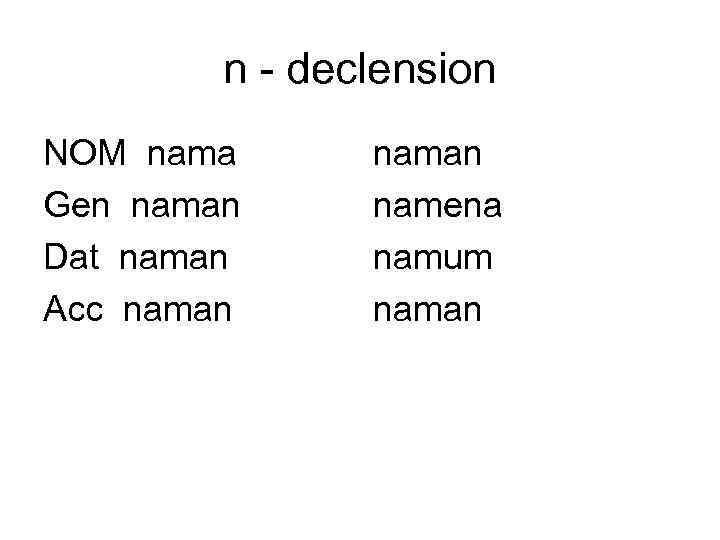 n - declension NOM nama Gen naman Dat naman Acc naman namena namum naman