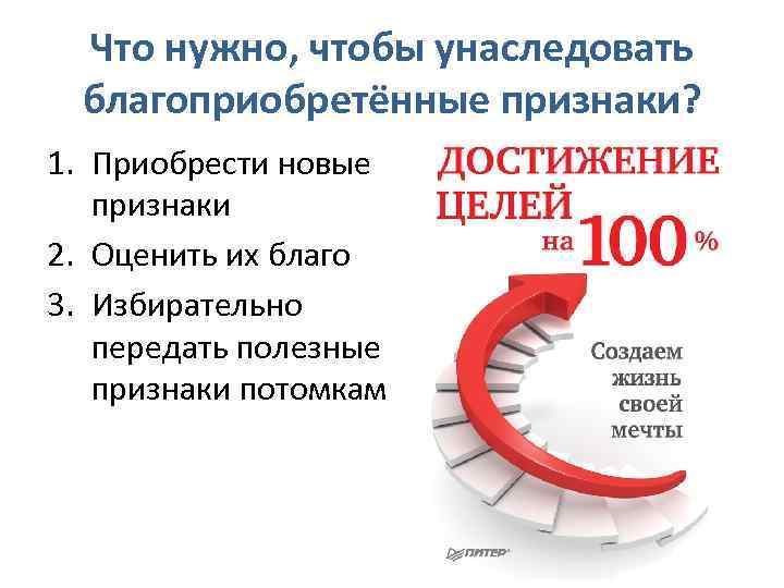 Что нужно, чтобы унаследовать благоприобретённые признаки? 1. Приобрести новые признаки 2. Оценить их благо