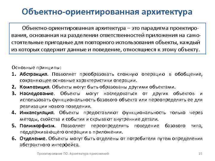 Объектно-ориентированная архитектура – это парадигма проектирования, основанная на разделении ответственностей приложения на самостоятельные пригодные
