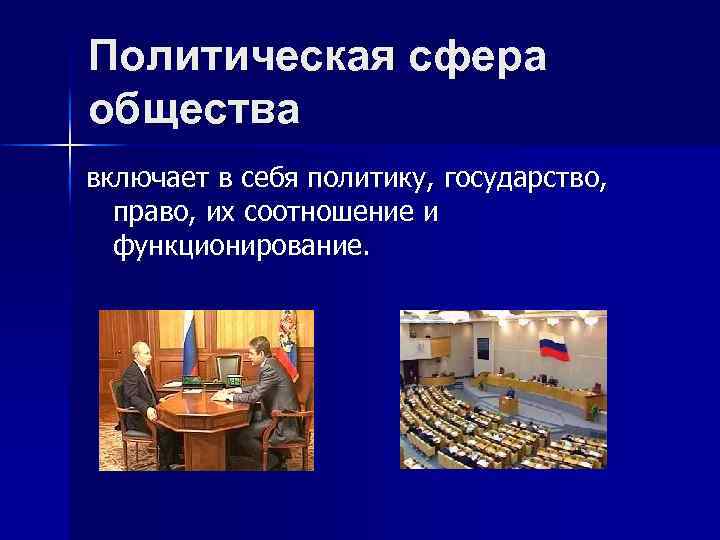Политическая сфера общества включает в себя политику, государство, право, их соотношение и функционирование. 