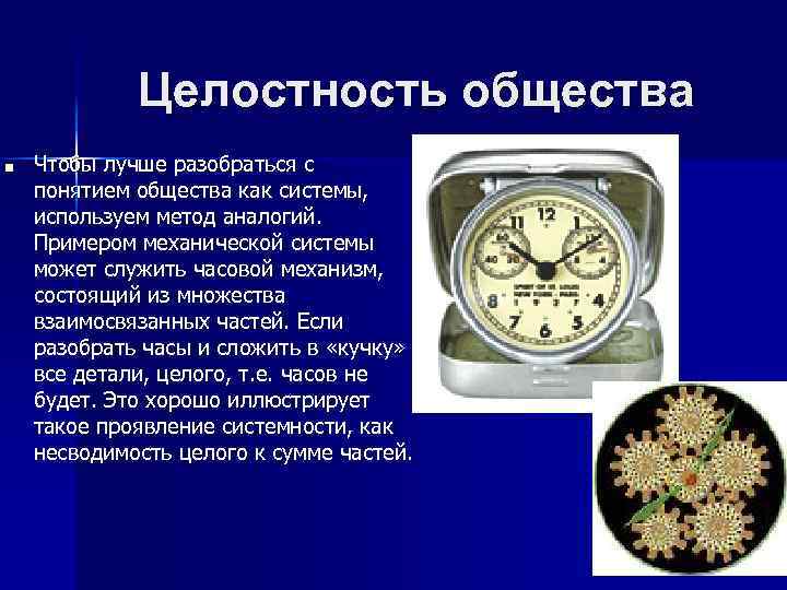 Целостность общества ■ Чтобы лучше разобраться с понятием общества как системы, используем метод аналогий.
