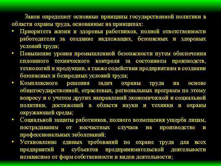 Что определяет закон. Основные принципы государственной политики в области охраны труда. Основные принципы гос политики в области охраны труда. Закон определяет. Основные принципы на которых базируется в гос.