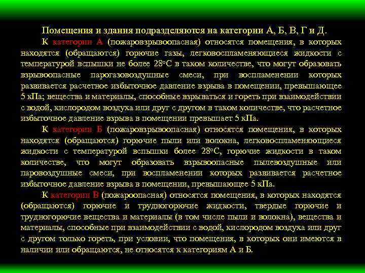 Помещения и здания подразделяются на категории А, Б, В, Г и Д. К категории