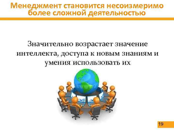 Менеджмент становится несоизмеримо более сложной деятельностью Значительно возрастает значение интеллекта, доступа к новым знаниям