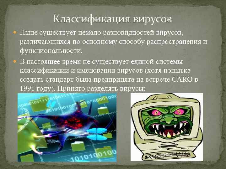 Классификация вирусов Ныне существует немало разновидностей вирусов, различающихся по основному способу распространения и функциональности.