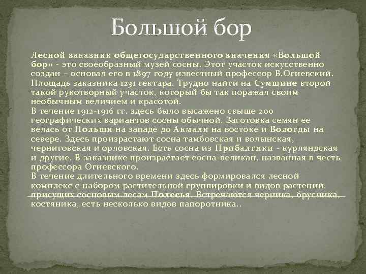 Большой бор Лесной заказник общегосударственного значения «Большой бор» - это своеобразный музей сосны. Этот