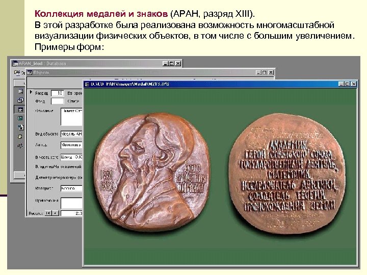Коллекция медалей и знаков (АРАН, разряд XIII). В этой разработке была реализована возможность многомасштабной