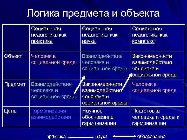 Логика предмета и объекта Социальная педагогика как практика Социальная педагогика как наука Социальная педагогика