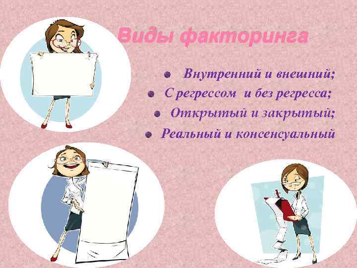 Виды факторинга Внутренний и внешний; С регрессом и без регресса; Открытый и закрытый; Реальный