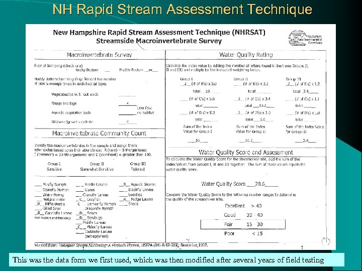 NH Rapid Stream Assessment Technique This was the data form we first used, which