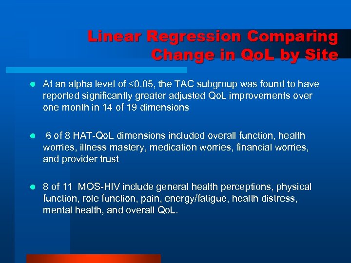 Linear Regression Comparing Change in Qo. L by Site l At an alpha level