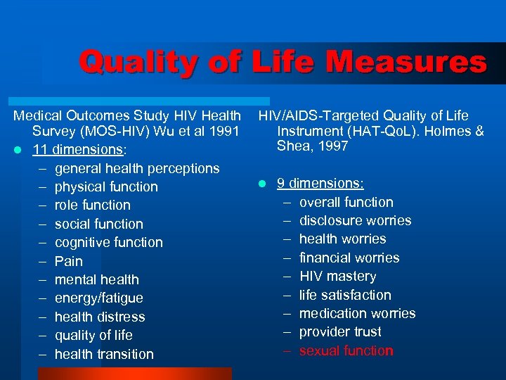 Quality of Life Measures Medical Outcomes Study HIV Health HIV/AIDS-Targeted Quality of Life Survey