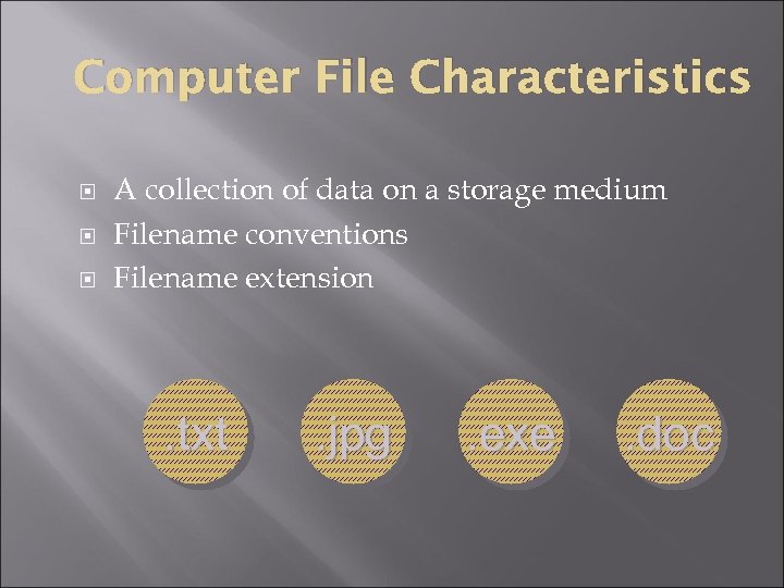 Computer File Characteristics A collection of data on a storage medium Filename conventions Filename