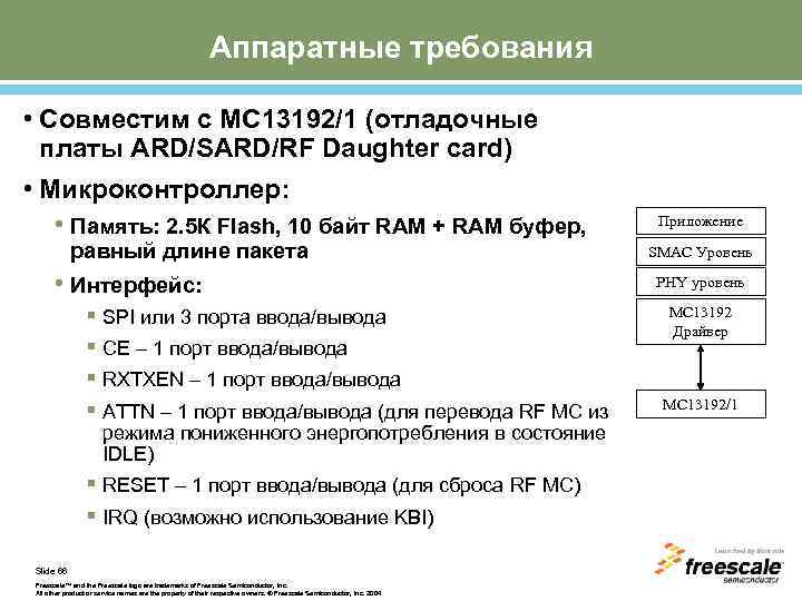 Аппаратные требования • Совместим с MC 13192/1 (отладочные платы ARD/SARD/RF Daughter card) • Микроконтроллер: