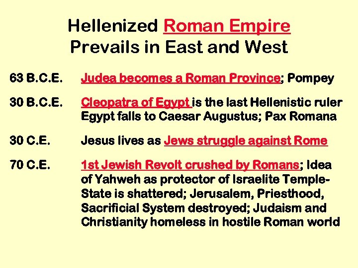 Hellenized Roman Empire Prevails in East and West 63 B. C. E. Judea becomes