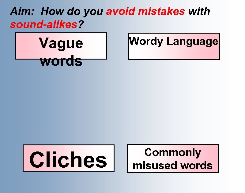 Aim: How do you avoid mistakes with sound-alikes? Vague words Cliches Wordy Language Commonly