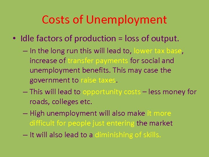 Costs of Unemployment • Idle factors of production = loss of output. – In