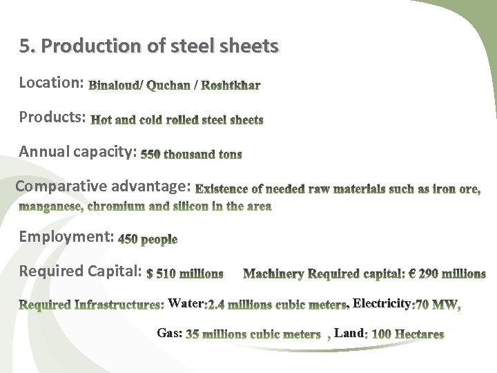 5. Production of steel sheets Location: Binaloud/ Quchan / Roshtkhar Products: Hot and cold