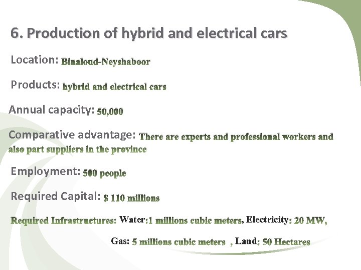 6. Production of hybrid and electrical cars Location: Binaloud-Neyshaboor Products: hybrid and electrical cars